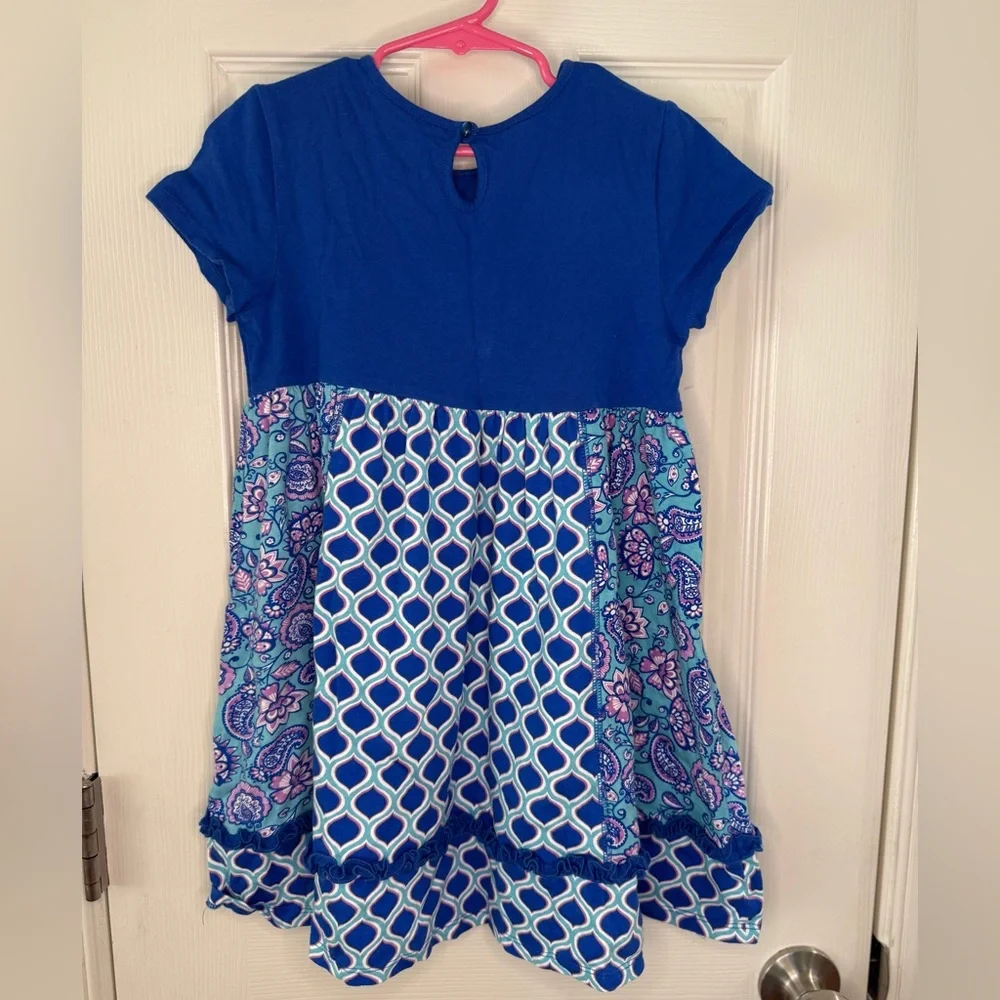 Girls Boutique Blue Patterned Dress Size 6 Cotton Kids Ruffle Hem Short Sleeve